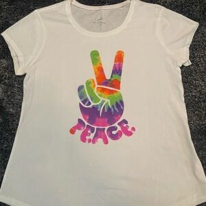 Justice White Tee with Rainbow Tie-Dye Peace Sign, size 20+